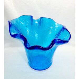 Murero Italian Recycled Glass handkerchief vase/bowl in deep aqua, Empoli Italy